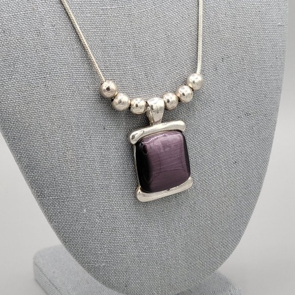 Cats Eye Purple Stone Womens Fashion Necklace Silver Tone Snake Chain 18 in - Picture 5 of 11